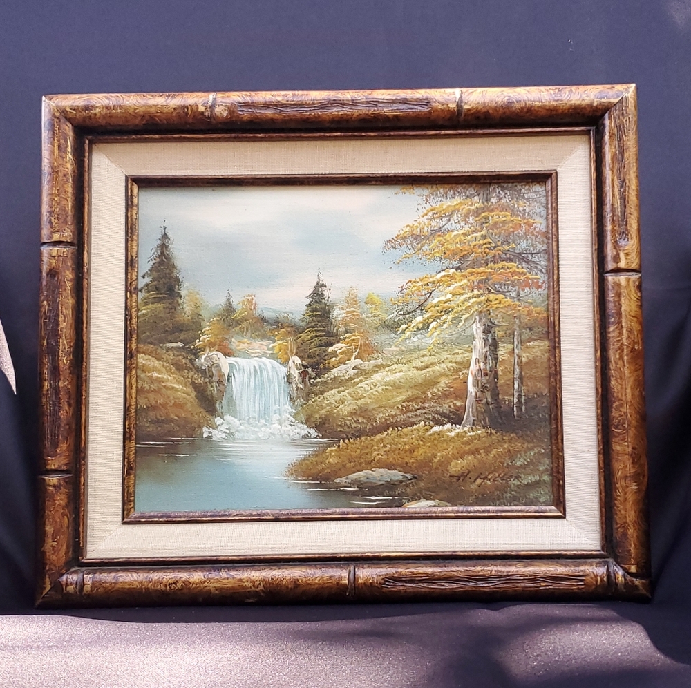 Oil Painting Landscape Trees Waterfall Signed H. Miller Season Fall Autumn VTG - Picture 11 of 16